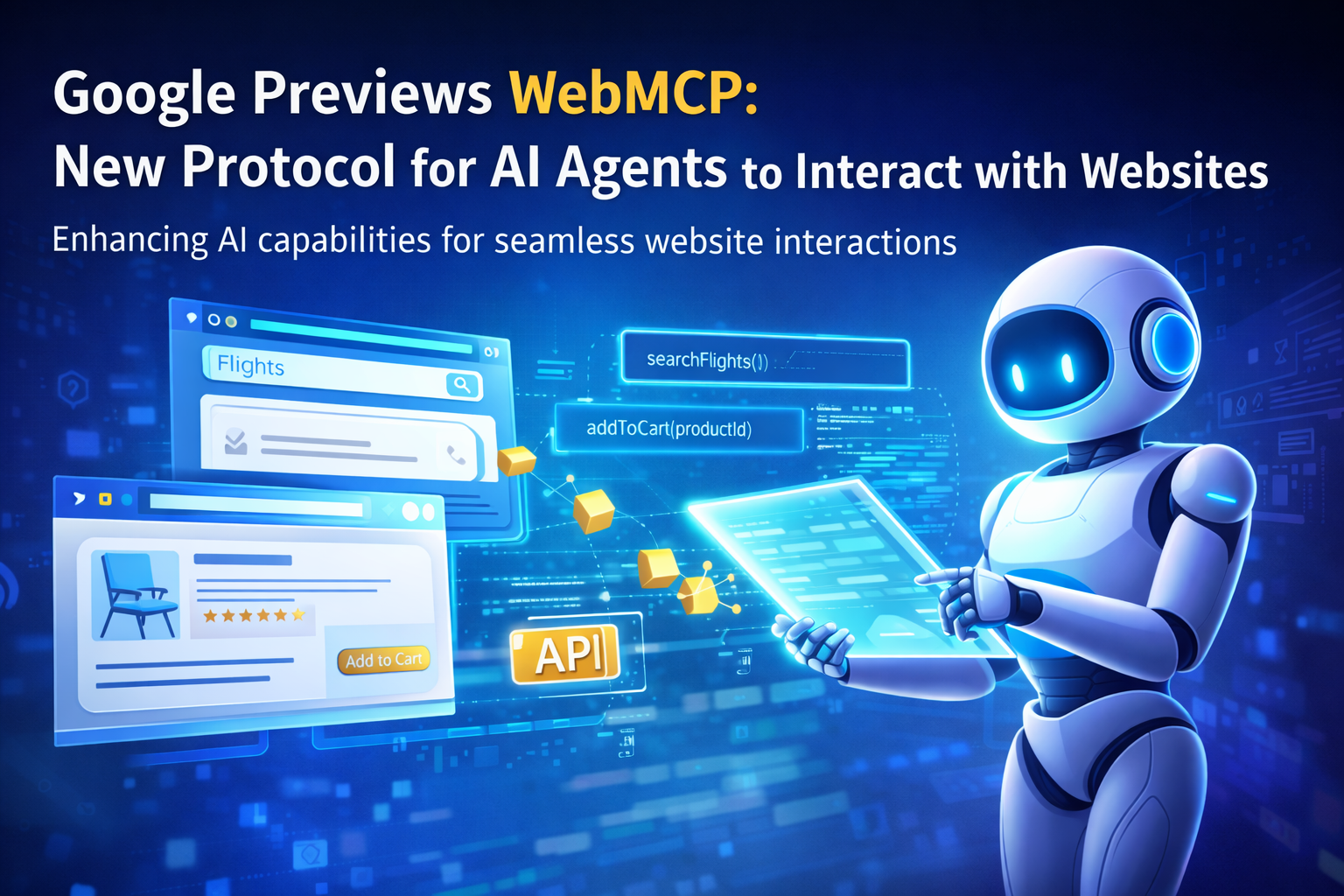 3D illustration of an AI robot interacting with website interfaces through WebMCP, showing API calls and structured web tools for AI agent communication