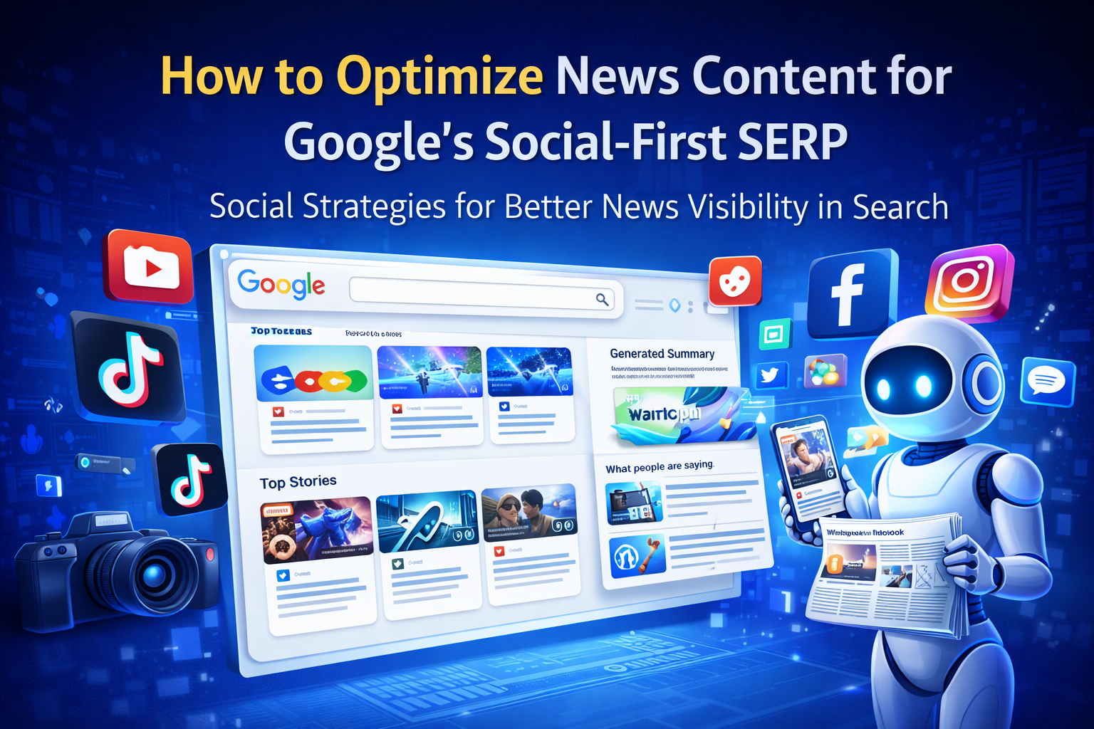 3D illustration showing a Google search results page with social media icons, news stories, AI summary panel, and a robot holding a smartphone and newspaper representing social-first SERP optimization.