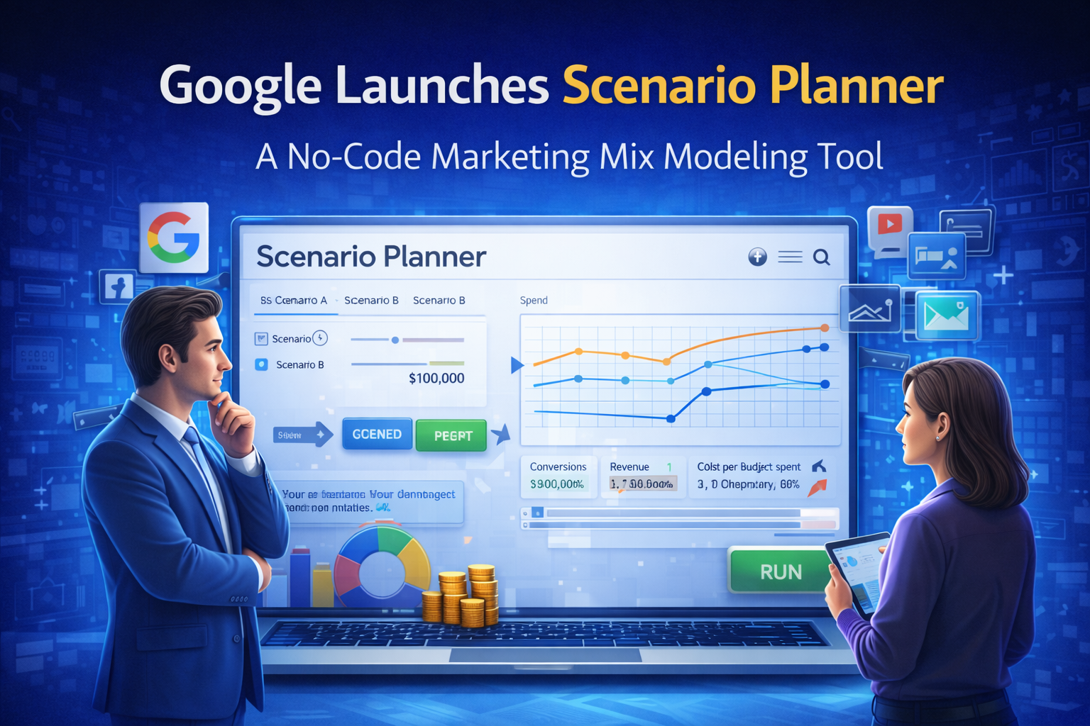 Marketing professionals analyzing Google Scenario Planner tool on a laptop, planning budget allocation and forecasting performance using marketing mix modeling dashboard.