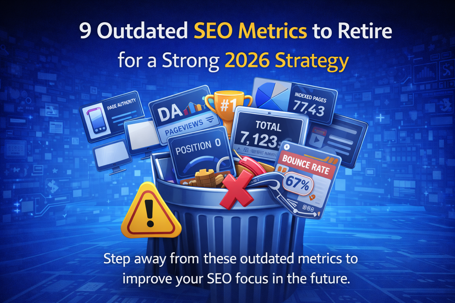 3D digital banner showing outdated SEO metrics like Domain Authority, pageviews, bounce rate, and position zero being discarded to highlight a stronger 2026 SEO strategy.