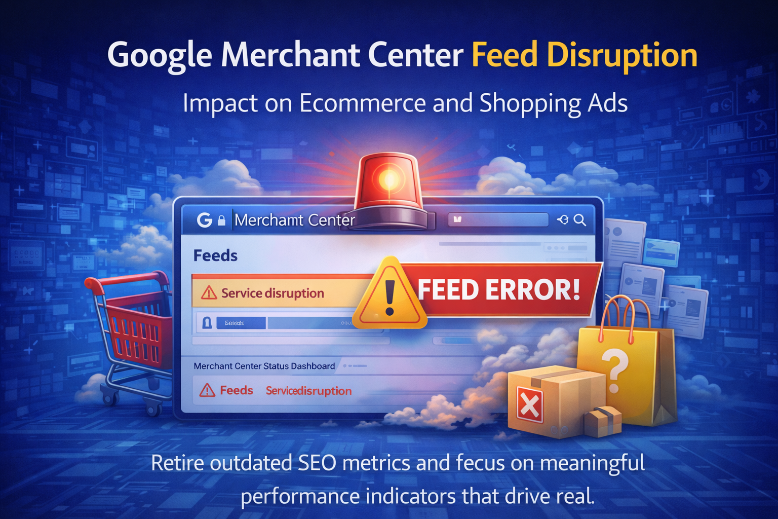 3D style digital banner showing Google Merchant Center feed disruption alert with shopping product icons, warning symbol, and ecommerce dashboard interface in background.