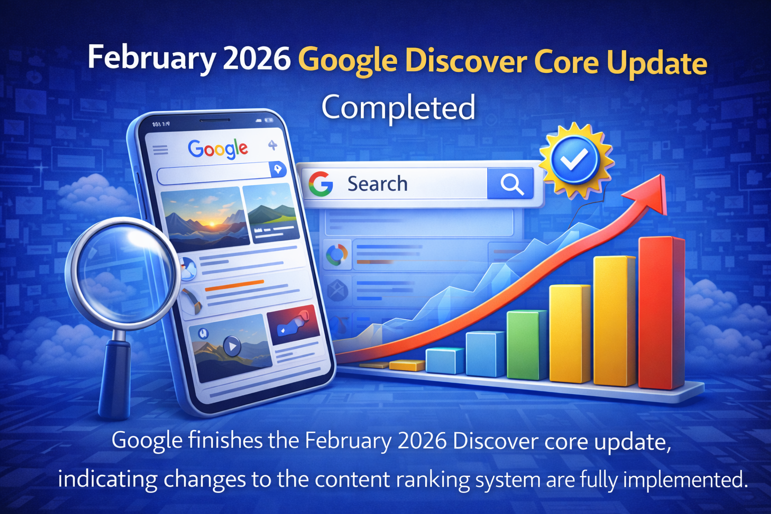 3D digital illustration banner showing Google Discover interface with analytics graphs and ranking fluctuations representing the February 2026 Discover Core Update completion.