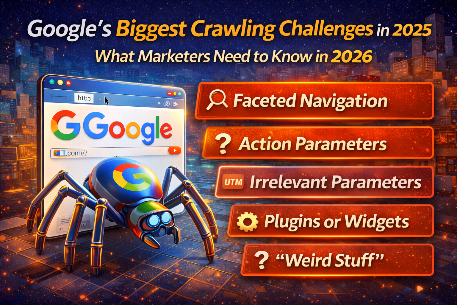 3D illustration showing Googlebot crawling a website with highlights of major crawling challenges like faceted navigation, URL parameters, plugins, and technical issues.