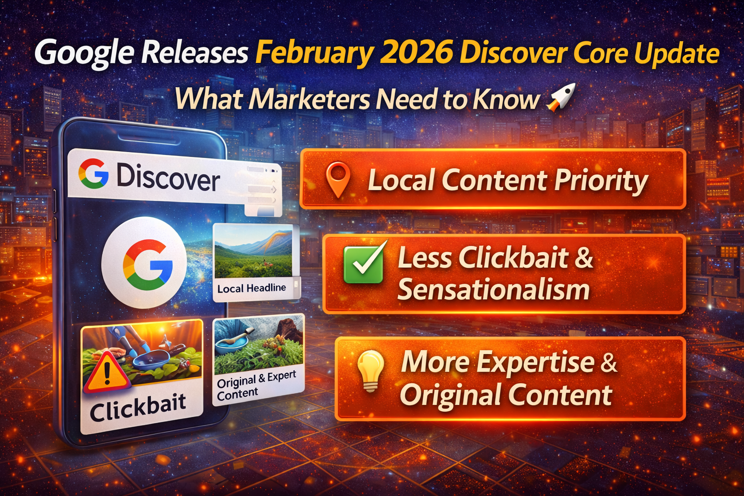 3D illustration explaining Google Discover February 2026 Core Update, highlighting local content priority, reduced clickbait, and increased focus on expert, original content.