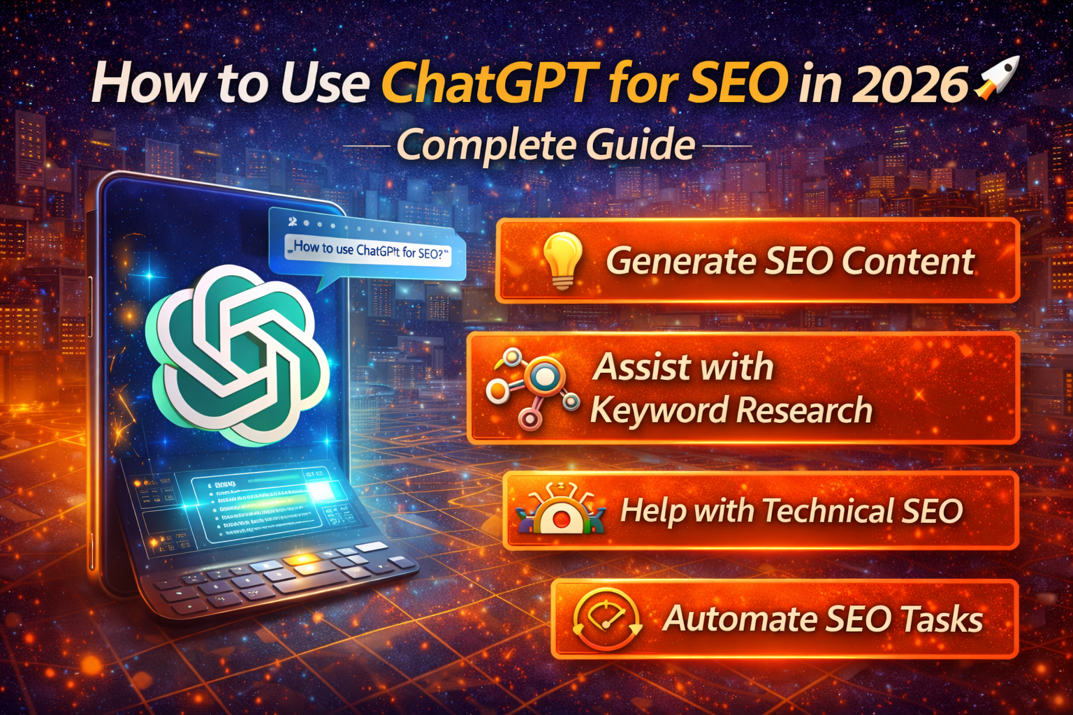 3D illustration showing ChatGPT being used for SEO tasks like keyword research, content creation, optimization, and search performance improvement.