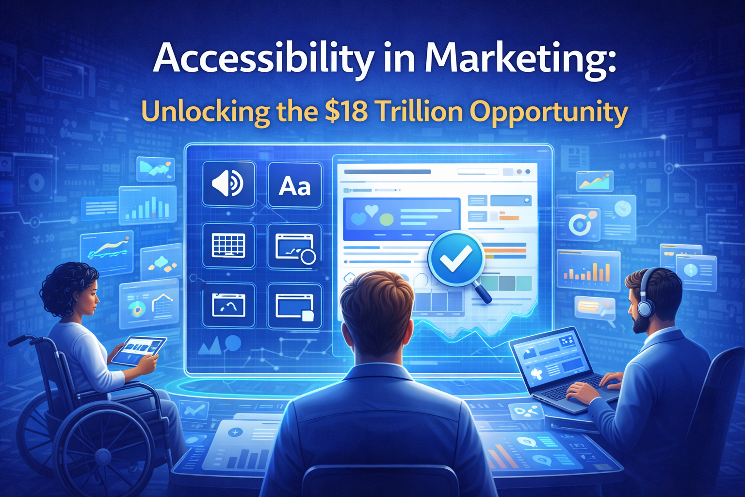 3D digital illustration showing inclusive digital marketing with accessibility features such as screen readers, accessibility icons, analytics dashboards, and diverse users interacting with websites and mobile devices.