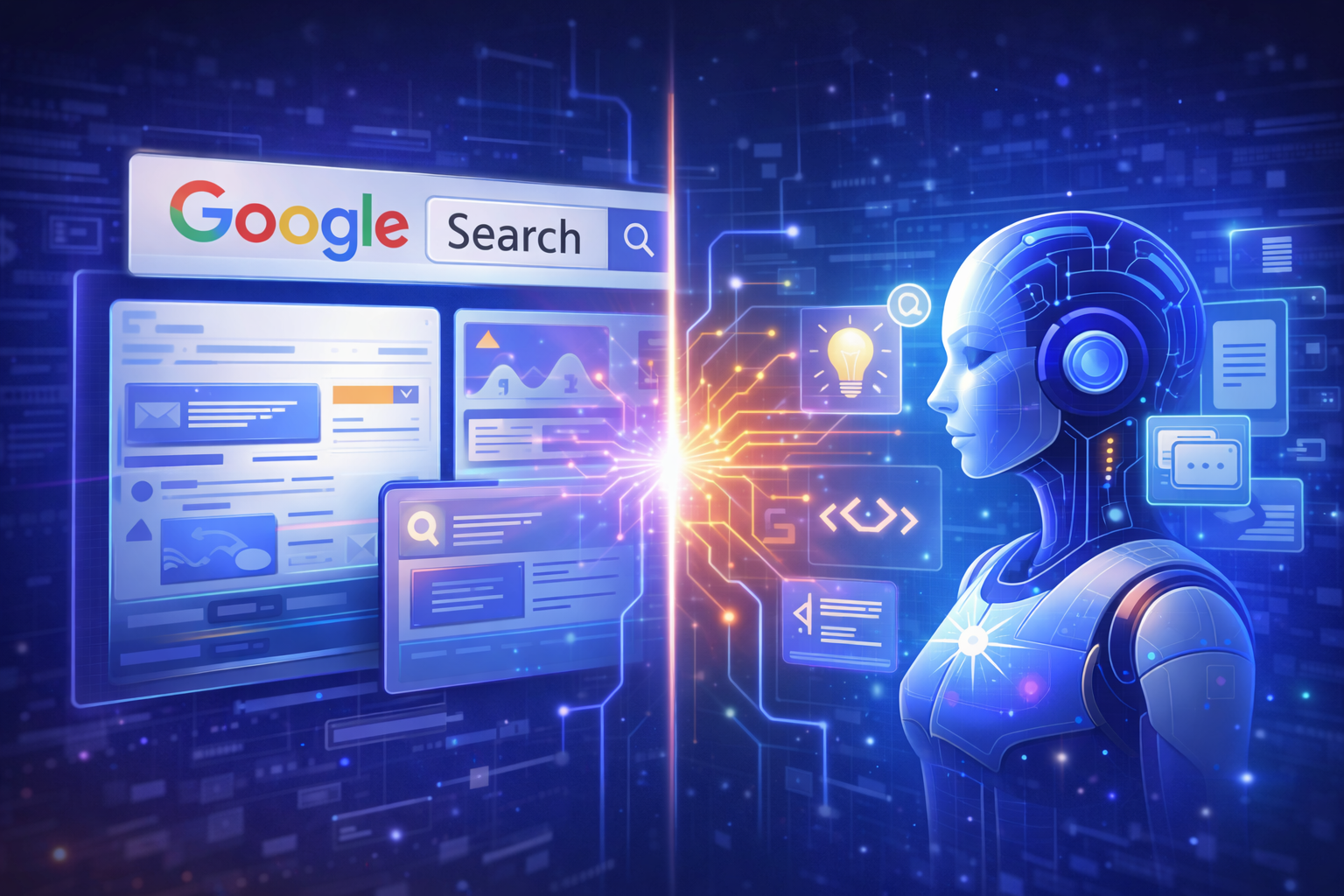 Google Search and Gemini AI convergence concept showing traditional search interface connected to an advanced AI assistant through a digital neural network.